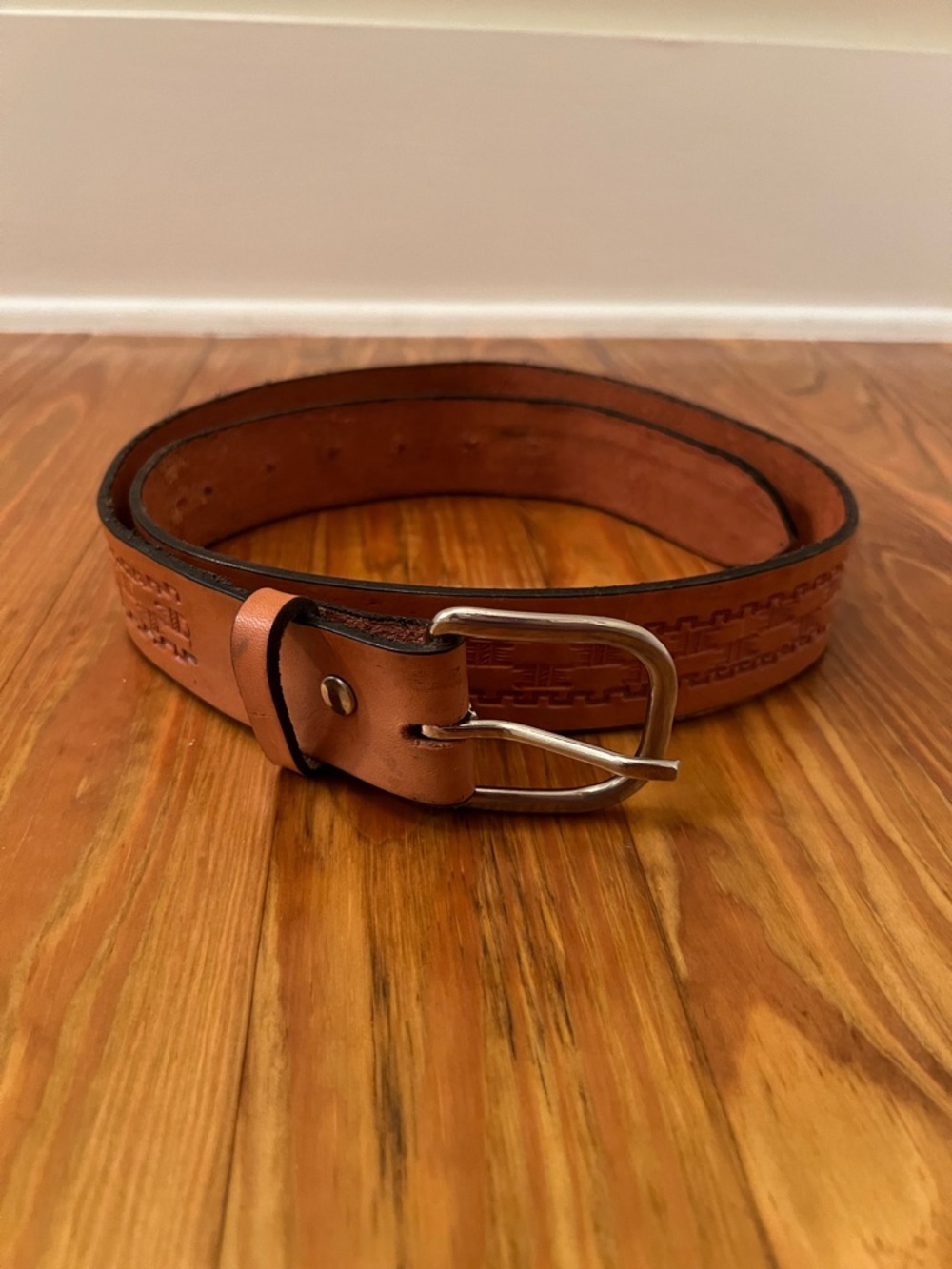 Unisex Vintage Western Style Brown Pattered Leather Belt Silver Buckle Size 38